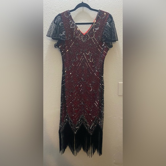 Funddaisy  Elegant Burgundy  Black Sequin Midi Dress Large Flapper Great Gatsby - Picture 1 of 12
